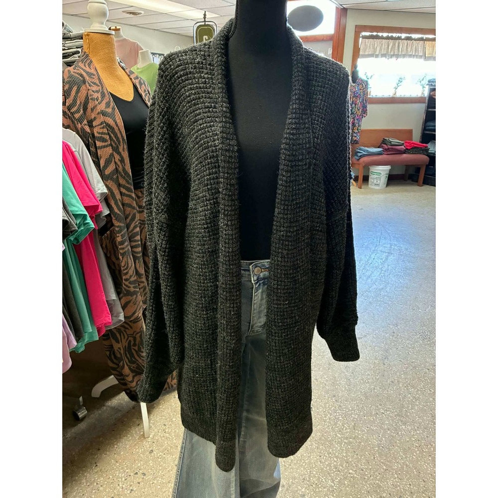 Size XL Womens Charcoal Gray Waffle Knit Open Front Longline Cardigan Sweater